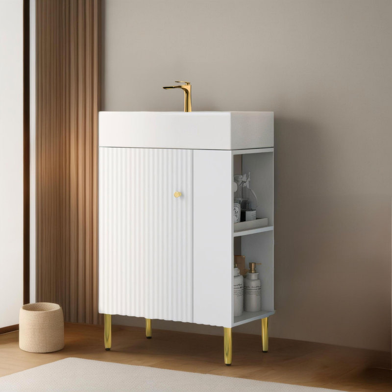 Meuble-lavabo autoportant avec comptoir en marbre et lavabo simple en céramique