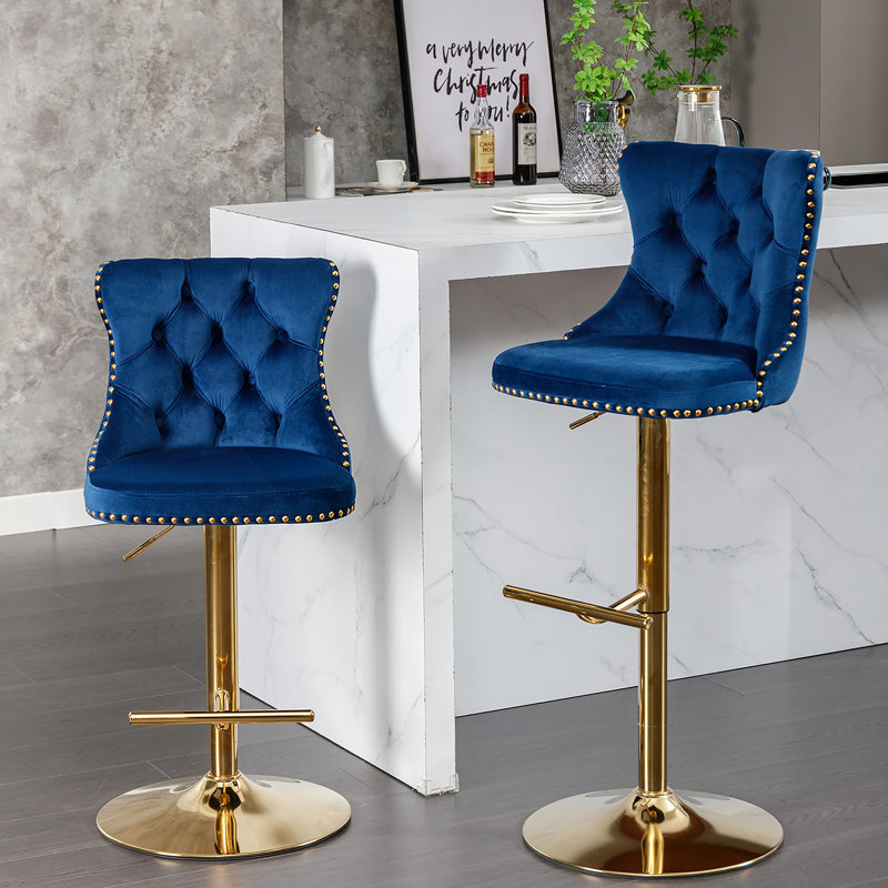 Tabourets de bar réglables en velours avec base pivotante dorée, ensemble de 2, Siège bleu / cadre doré