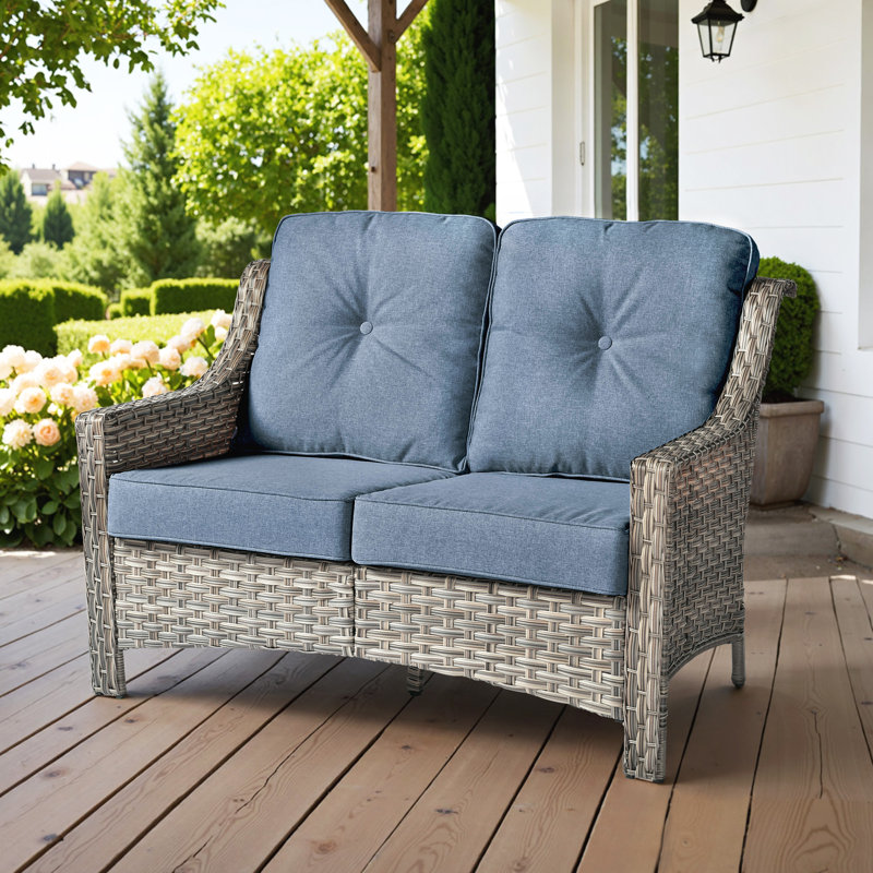 2 - Person Outdoor Wicker High Back Sofa With Cushions, All Weather Rattan Loveseat, Blue