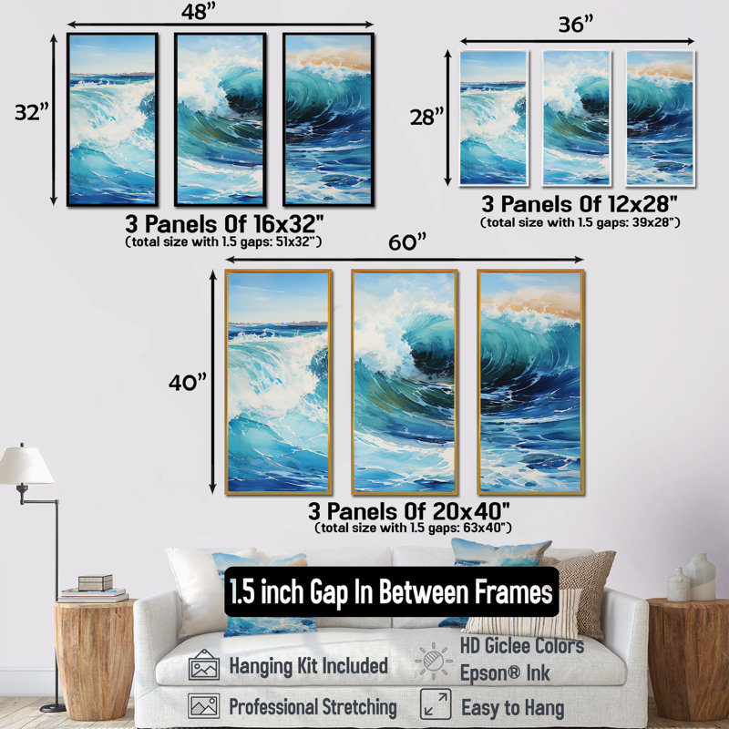 Beach Sunrise Tranquil Horizons IV - Ensemble de salon art mural océan, Cadre flottant doré, H 28 po x l 36 po x P 1 po