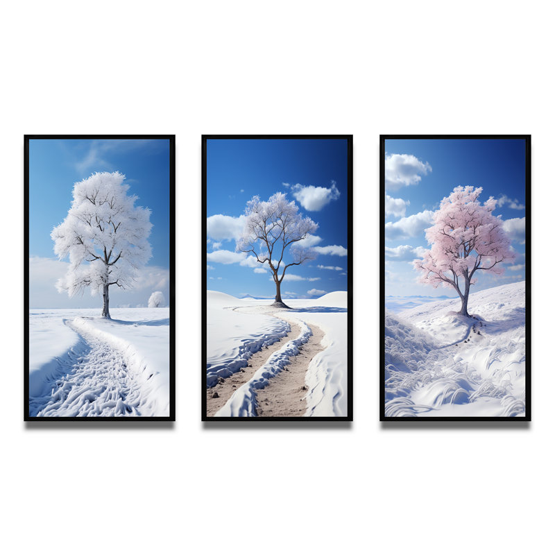«Snowy Tree Elegance», 3 pièces sur toile, Cadre flottant noir, H 28 po x l 36 po
