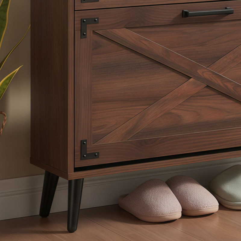 Walnut Wood-Colored Farmhouse-Style Narrow Shoe Cabinet, 2 Flip-Top Drawers + Barn Door, Independently Concealed Design, Suitable For Entryway/Foyer/Hallway.