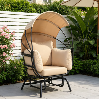 Fauteuil d'extérieur avec auvent rétractable, structure en acier thermolaqué et coussin en polyester, chaise longue suspendue pour patio, taupe