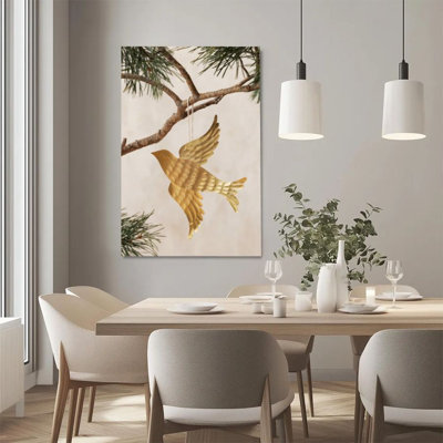 1Pc Framed Canvas Poster Print Golden Flying Birds, Pine Branches Hanging, Forged Gold Craft Style Wall Art Decor, Perfect for Room Decor Living Room
