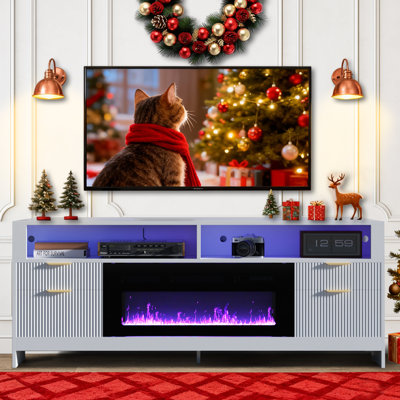 Meuble télé avec foyer électrique 36 po, centre de divertissement à DEL avec armoires de rangement jusqu'à 80 po, meuble télé cannelé moderne pour le salon, la chambre à coucher