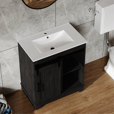 Lavabo encastré en céramique de 24 po pour armoires de salle de bain, couleur blanche, design contemporain, 4,9 po de hauteur, avec finition de drain escamotable, 18,1 po de largeur, 30 livres
