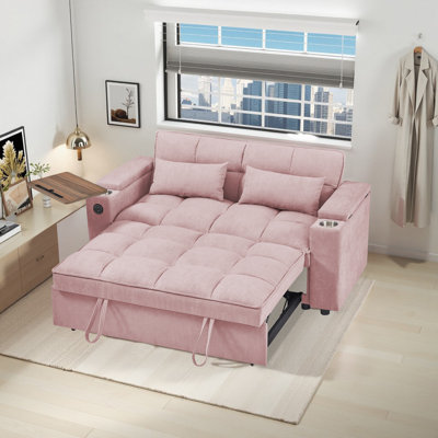 Fabric Loveseat Sleeper Sofa Couch With Storage Arms And Side Table