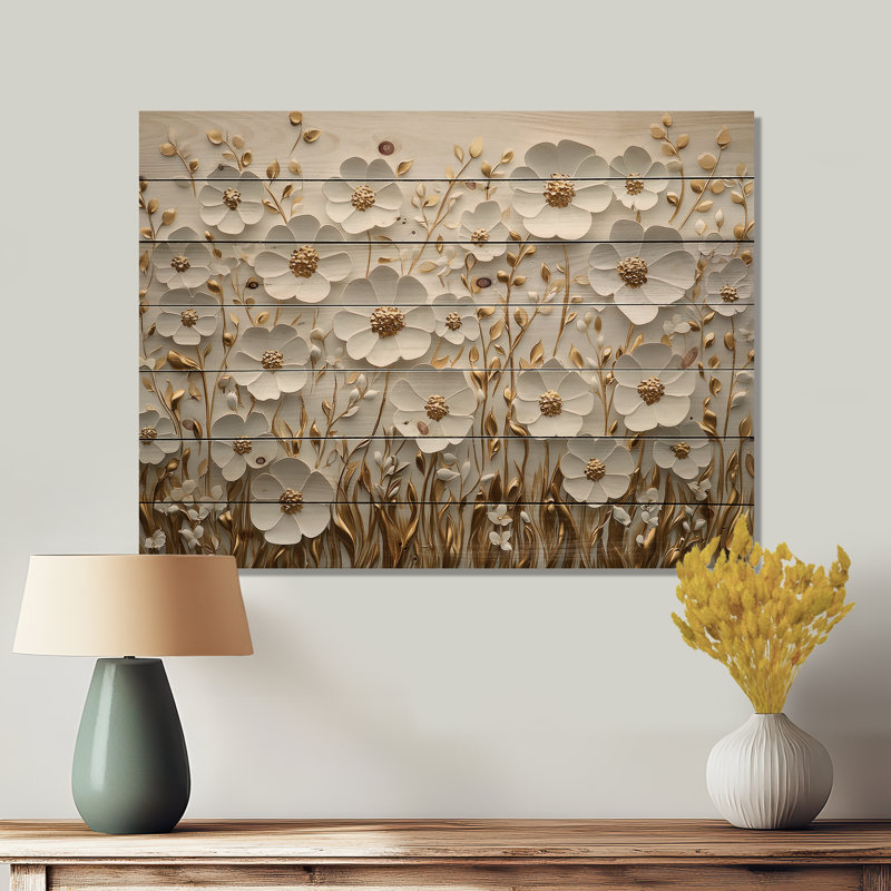 Wildflowers Creamy Blossoms In The Spring II - Wildflowers Wood Wall Art - On Natural Pine Wood, 10" H x 20" W x 0.78" D