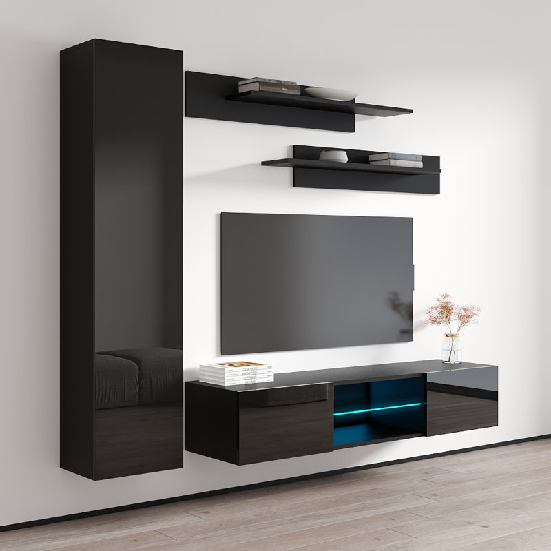 85" Modern Floating Wall Mounted Entertainment Center with 16-Color LED Lighting, High Gloss Finish, Black