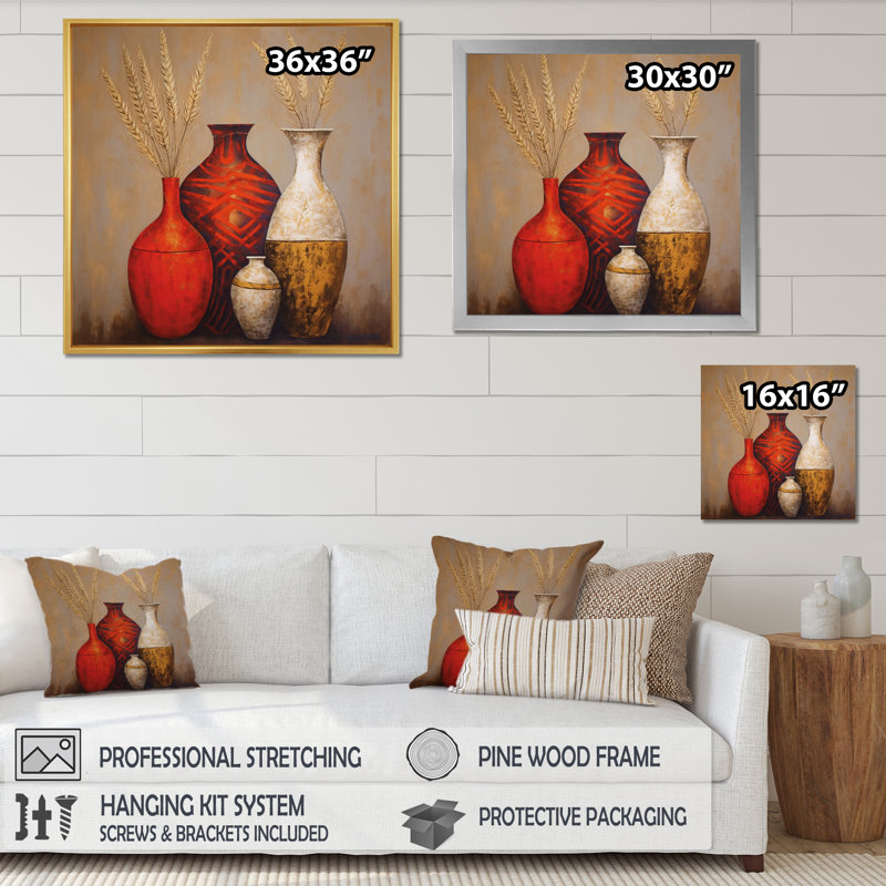 Nature morte, vase en or rouge avec fleurs de blé sur toile, 36" H x 36" W, Toile tendue