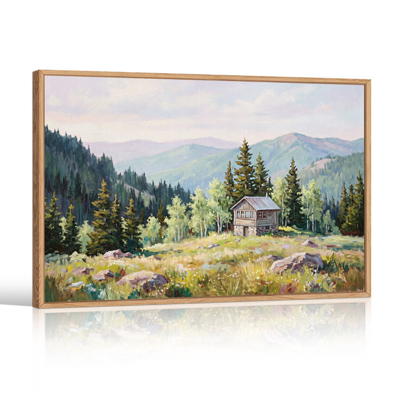 Tableau sur toile représentant une cabane de montagne dans un paysage de forêt de pins, H 18 po x l 24 po