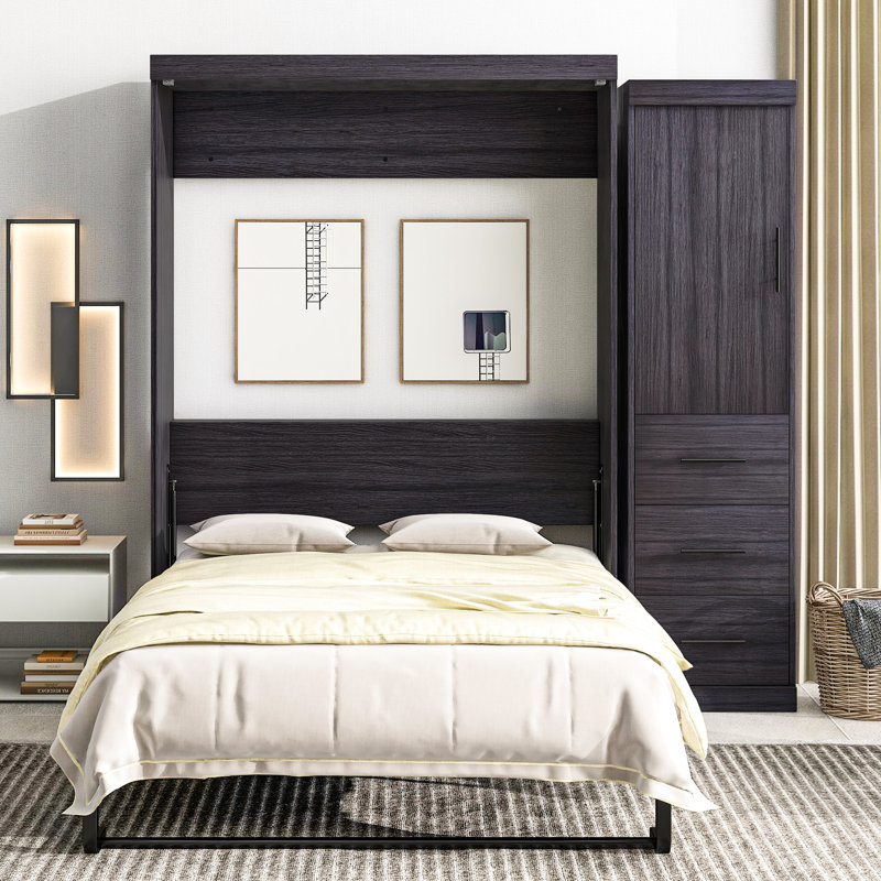 Lit gris avec options de rangement polyvalentes - se plie dans l'armoire, possède une armoire et des tiroirs de couleur tiroir, armoire