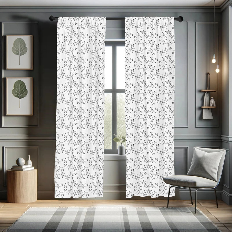 Gray and White Leaf Pattern Room-Darkening Polyester Curtain Panels