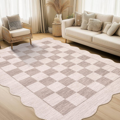 Washable Scalloped Rugs for Bedroom Non-Slip Modern Checkered Floor Mats, Foldable Thin Geometric Accent Rug, Contemporary Indoor Carpet for Living Room, Nursery, Kitchen