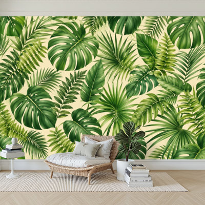 Papier peint adhésif peler et coller à la mode sans soudure feuilles exotiques tropicales jungle Autocollant amovible en papier contact mural pour salon Chambre à coucher H 100 po x l 144 po