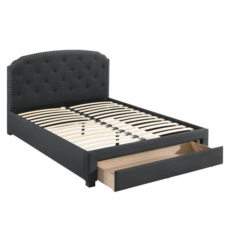 Lit simple avec rangement et tête de lit bouton en tissu de jute gris anthracite, Gris anthracite