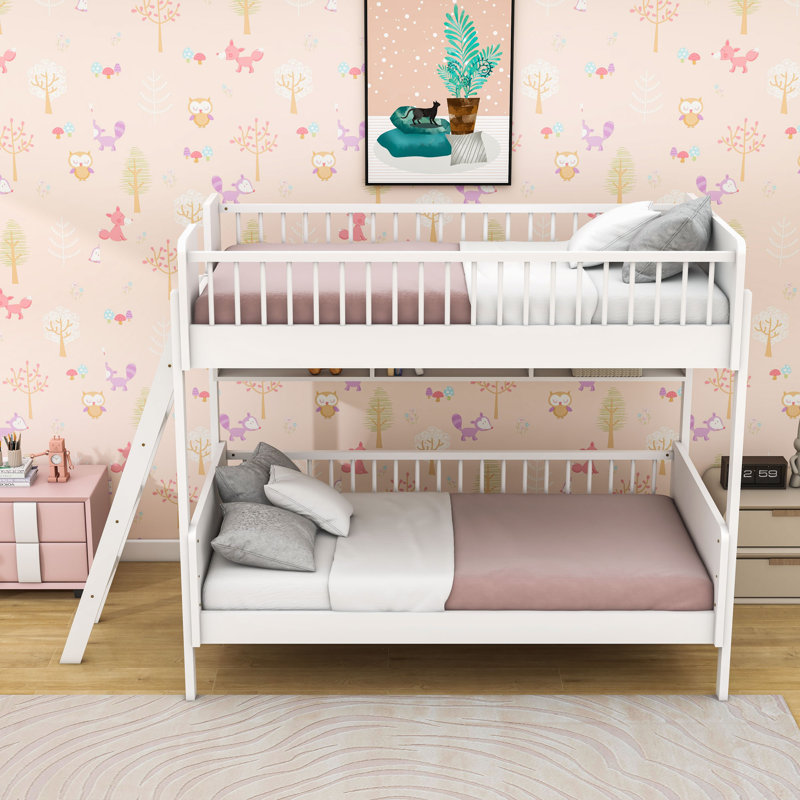Twin Over Twin Wood Bunk Bed With Storage Shelves And Ladder, White