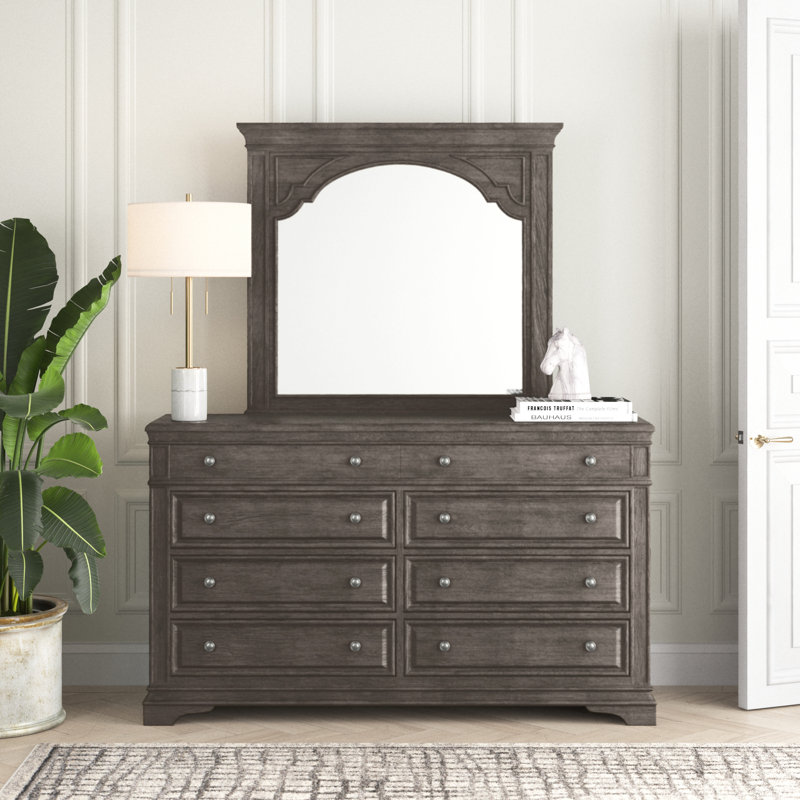 Commode double 8 tiroirs 66 po avec miroir Lipford, Ivoire rustique, Bois flottant gris