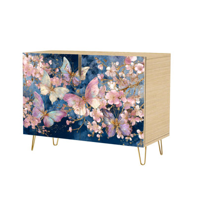 Sideboard Buffet Cabinet with Storage Delicate Butterflies Cherry Blossoms Gold Accents Deep Blue with 2 Doors for Living Room and Kitchen