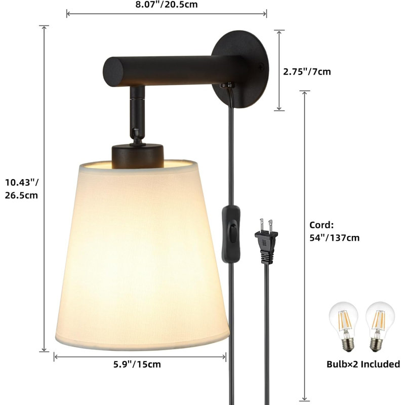 Plug-In Wall Sconces Set Of 2 With Fabric Shade, In-Line On/Off Switch, And Included LED Bulbs For Bedroom, Living Room, Or Hallway