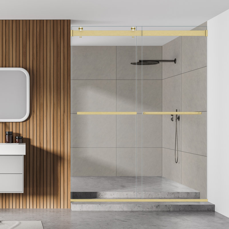 56'' - 60'' W x 76'' H Bypass Frameless Shower Door with Clear Glass, Gold