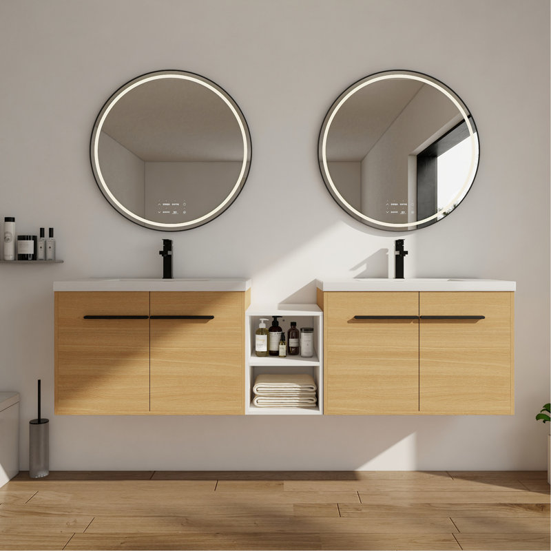 Meuble-lavabo mural 72 po avec lavabo de comptoir en résine et 1 tablette de rangement, 4 portes à fermeture douce (KD-Packing)