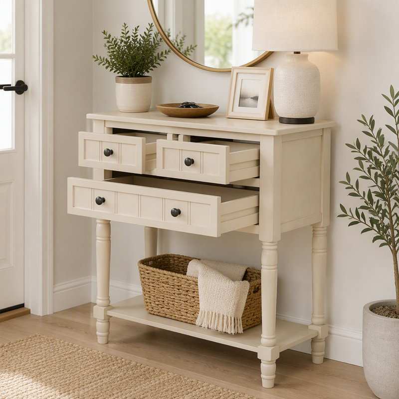 Console étroite, canapé mince avec trois tiroirs de rangement et tablette inférieure pour le salon, assemblage facile, Beige