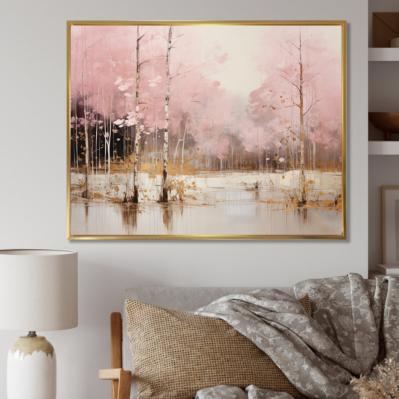 «Minimalisme rose et forêt dorée I», art sur toile, H 30 po x l 40 po x P 1,5 po, Cadre flottant doré