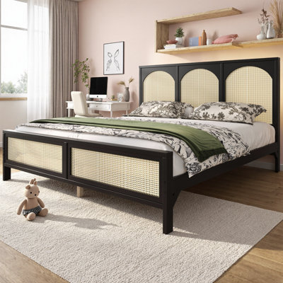 Wooden Platform Bed with Rattan Headboard and Footboard