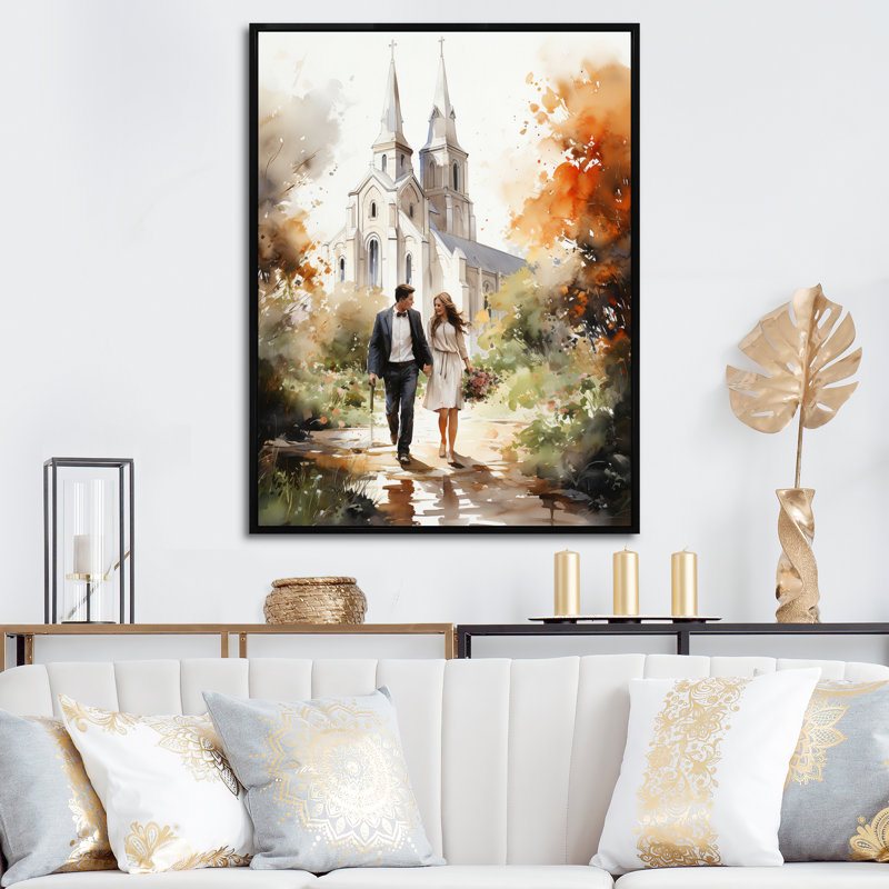 Couple in Love, chapelle de mariage, aquarelle rustique - reproduction sur toile, Cadre flottant noir