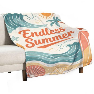 Endless Summer Surf Beach Wave Sun Palm Tree Luxury Flannel Throw Blanket, Soft Warm Fuzzy Blanket for Living Room Sofa Bed Home Decor