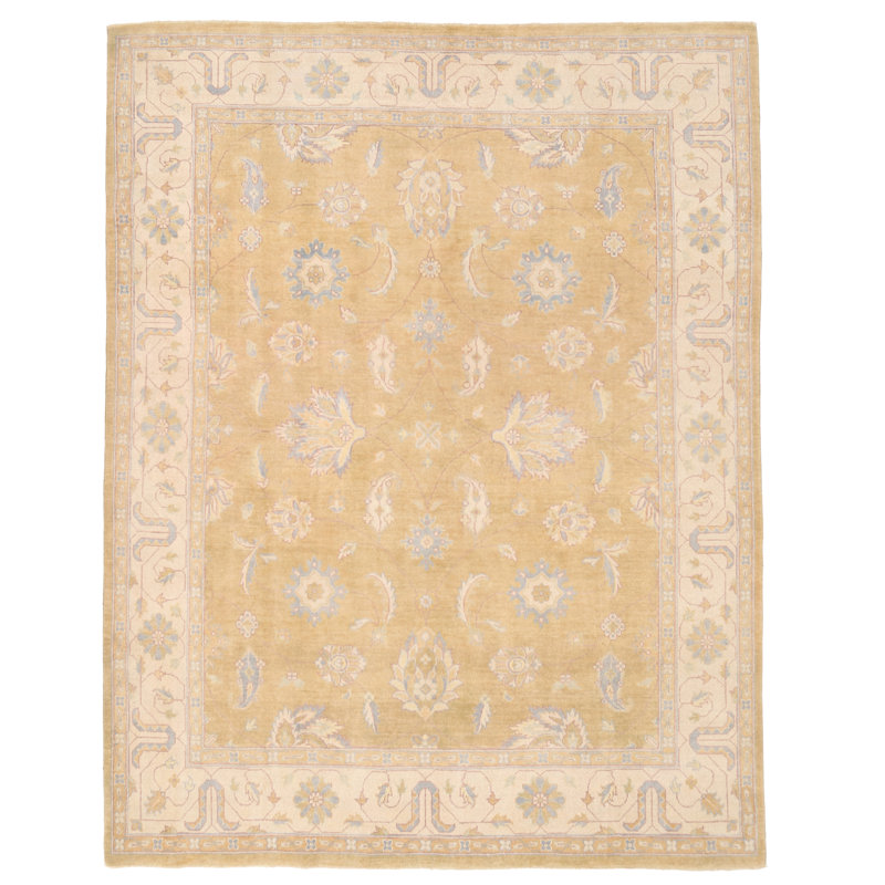 Tapis beige / blanc en laine noué à la main de conception unique 7 pi 11 po x 10 pi New Age Chaz
