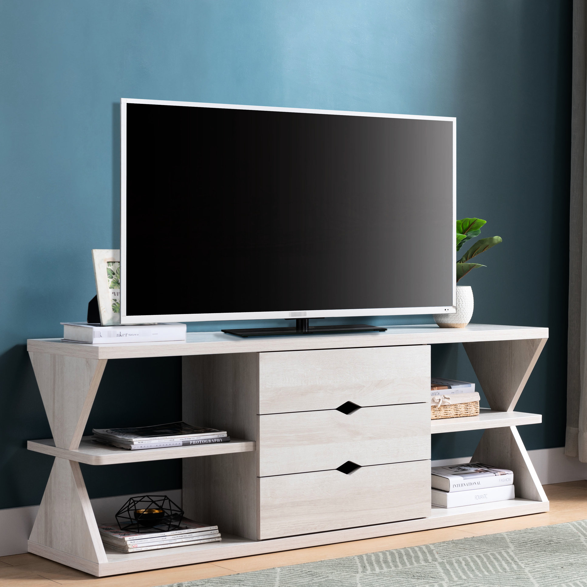 East Urban Home Four Open Shelf And Three Drawer Tv Stand Crafted From ...