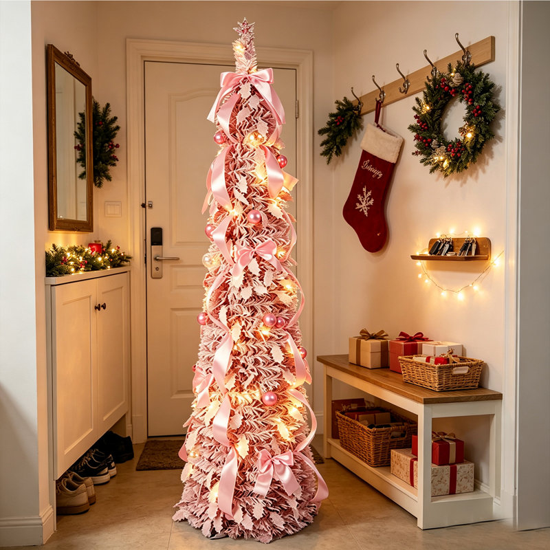 Arbre de Noël escamotable 5 pi avec 50 lumières, arbres de Noël pliables artificiels avec sommet d'arbre, arbre de Noël pré-éclairé avec guirlandes de Noël pour les décorations de Noël intérieures et extérieures
