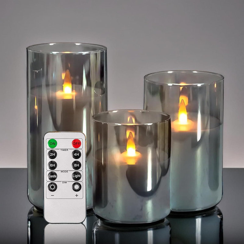3 Pack Grey Glass Flameless LED Pillar Candles: Battery-Operated with Remote, Real Wax, Flickering Radiance, 3x4"/5"/6"