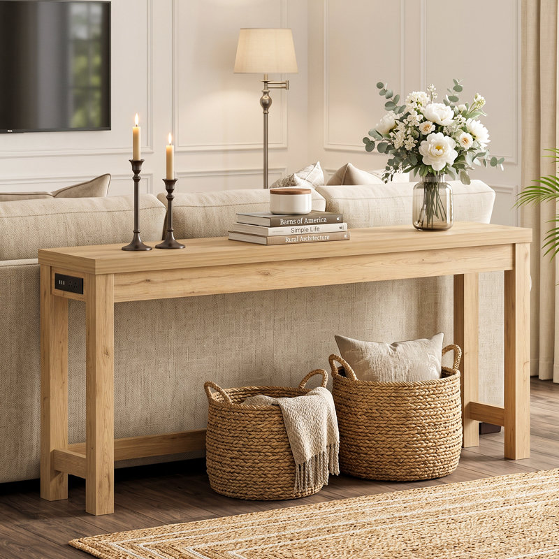 63 Inch Console Table with 3 Outlets, Natural, Natural