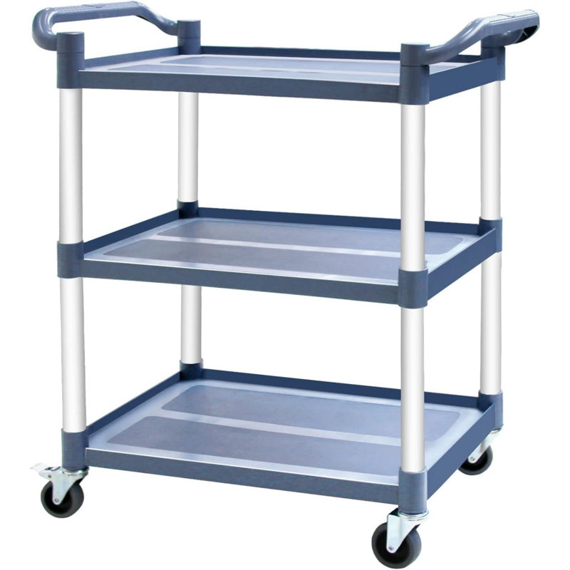 Plastic Utility Carts with Wheels, 3-Tier Restaurant Cart, Heavy Duty Rolling Cart Food Service Cart 420LBS, Bus Cart with Lockable Wheels and Rubber Hammer