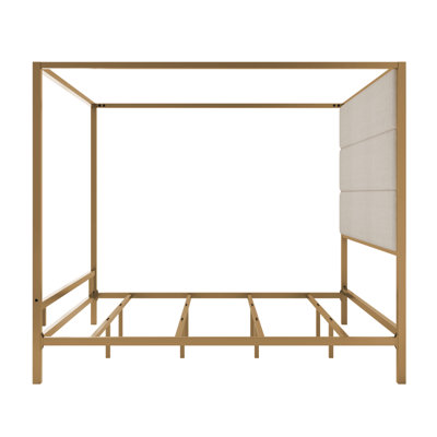 Modern Gold Canopy Bed with 76.5" Tall Linen Fabric Upholstered Headboard Metal 4-Poster Bed Frame, Box Spring Needed, King(Old SKU:N701P272839C)