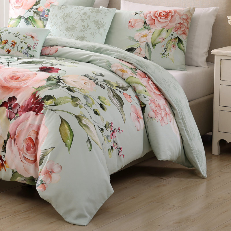 Bebejan Rose On Misty Green 100% Cotton Sateen 5 Piece Comforter Set, Queen Comforter + 2 Standard Shams + 2 Pillows