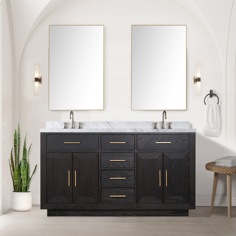 Meuble-lavabo double en chêne noir avec plateau en marbre de Carrare, H 34,12 po x l 22 po x P 60 po