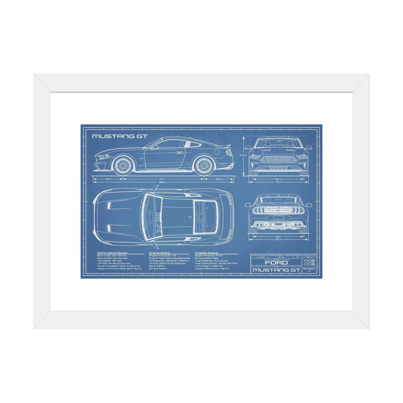 Mustang GT (2018-2020) Blueprint-impression de dessin, H 16 po x l 24 po x P 1 po, Papier encadré blanc, Blanc