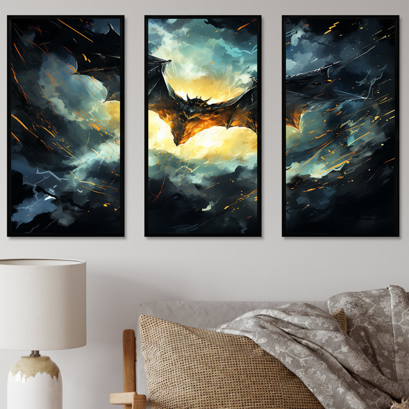 «Blue Watercolor Night Bat Charm I - Animal Bat», art mural, Cadre flottant noir, H 32 po x l 48 po