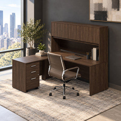 Bureau de direction en L 71 po avec huche et caisson mobile à 3 tiroirs classeur, poste de travail d'angle moderne avec armoire de rangement fermée