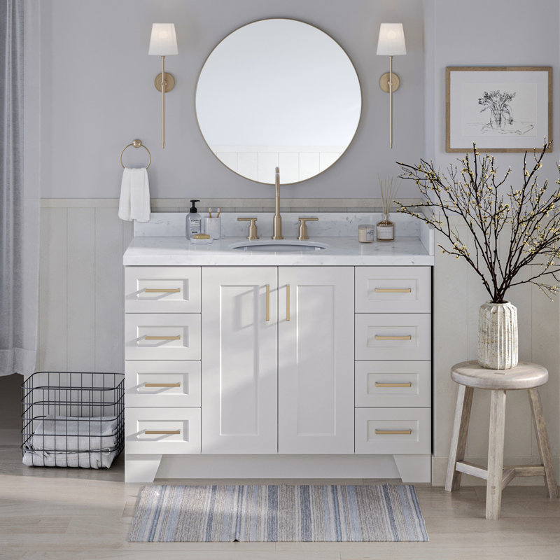 Freitas 48'' Solid Wood Single Bathroom Vanity, White, White Quartz, Oval