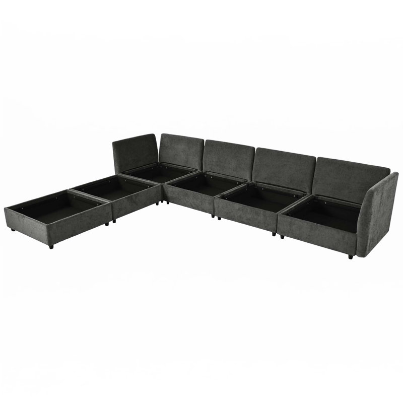 6-Piece Modular Sofa Bed With Storage, Gray Polyester