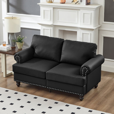 Canapé moderne de 151 cm (59,5 po) en cuir de vache noir, clous argentés sur les accoudoirs ronds, structure en bois massif, coussin d'assise en mousse haute densité, housse amovible, rangement de style classique, ressorts ensachés