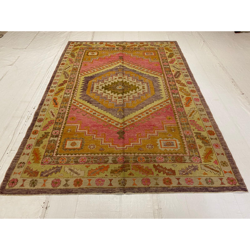 Tapis Oushak rétro fait à la main de conception unique 6 pi 2 po x 9 pi 1 po Anatolian