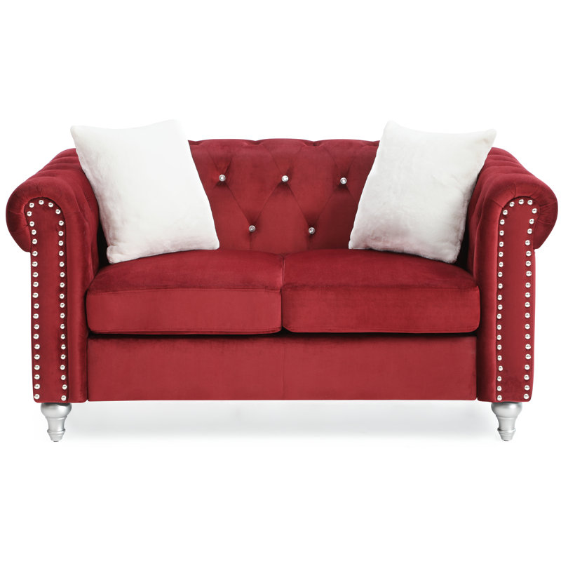 Glory Furniture Raisa Velvet  Rolled Arm Chesterfield Loveseat, Burgandy