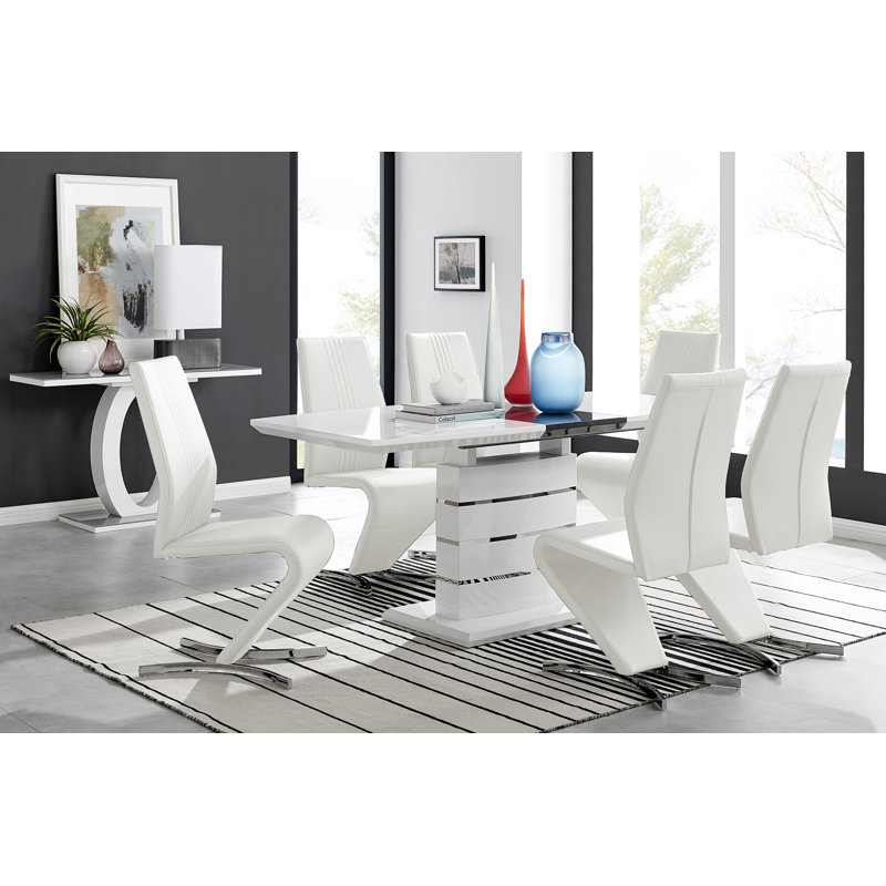 Everson Large High Gloss Extendable Dining Set with 8 Luxury Faux Leather Upholstered Dining Chairs, White