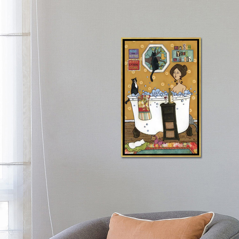 « Wash your kitties » par Jamie Morath-impression, Pas de tapis, H 26 po x l 18 po x 1,5 po, Toile encadrée d'or